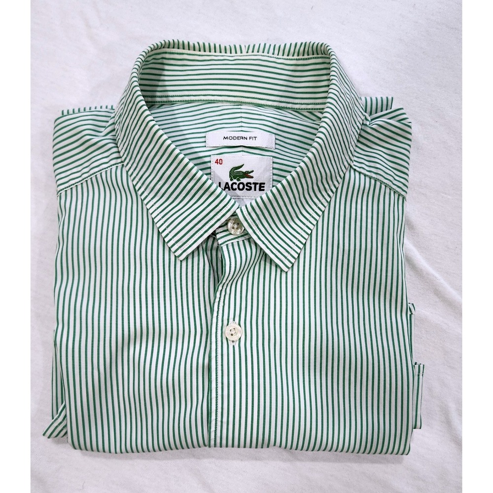 Lacoste Mens Green White Striped Short Sleeve Button Down Shirt Modern Fit 40 - Picture 7 of 7